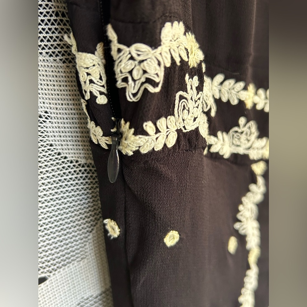**VERB** Black/White Cocktail Mini Dress, 3/4” sleeve, Hand Embroidered - Picture 7 of 9